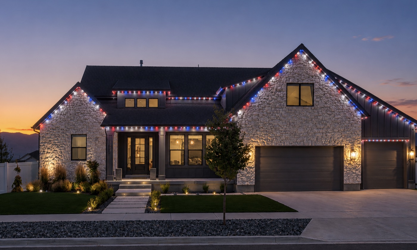 Stone home with its roofline lit red, white, and blue for the 4th of July