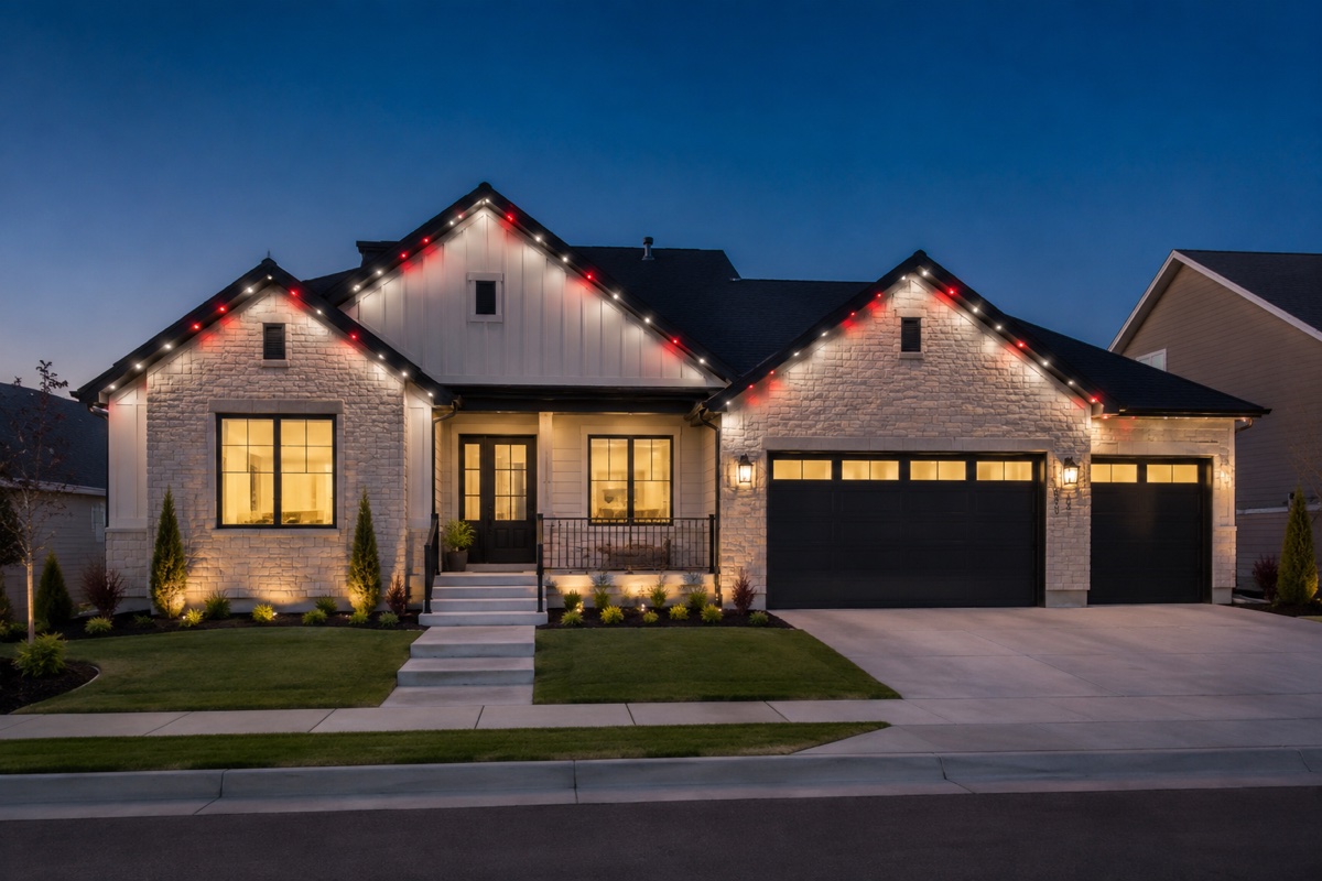 Two-story home with its roofline lit in red and white for the holidays