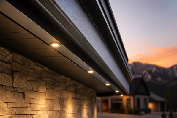 Close view of individual LEDs seated in the aluminum channel under a roof edge