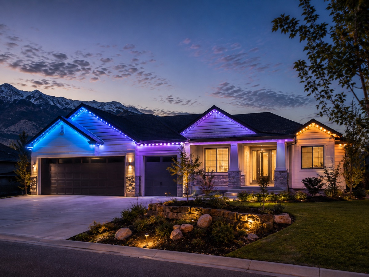 Roofline traced in a blend of blue, purple, and amber light at dusk