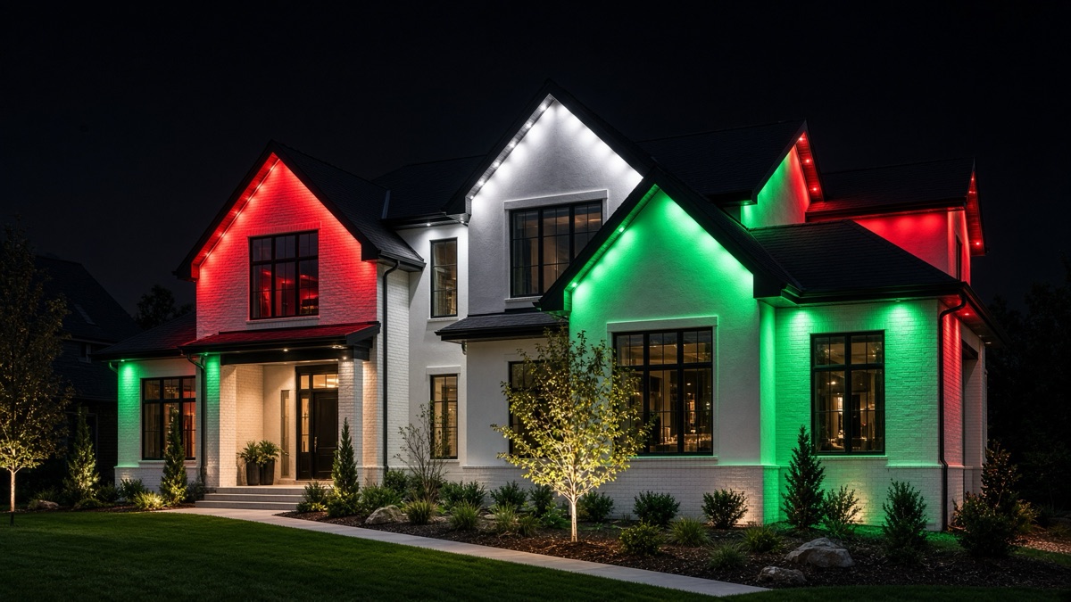 Home with its roofline lit in red, green, and white for Christmas