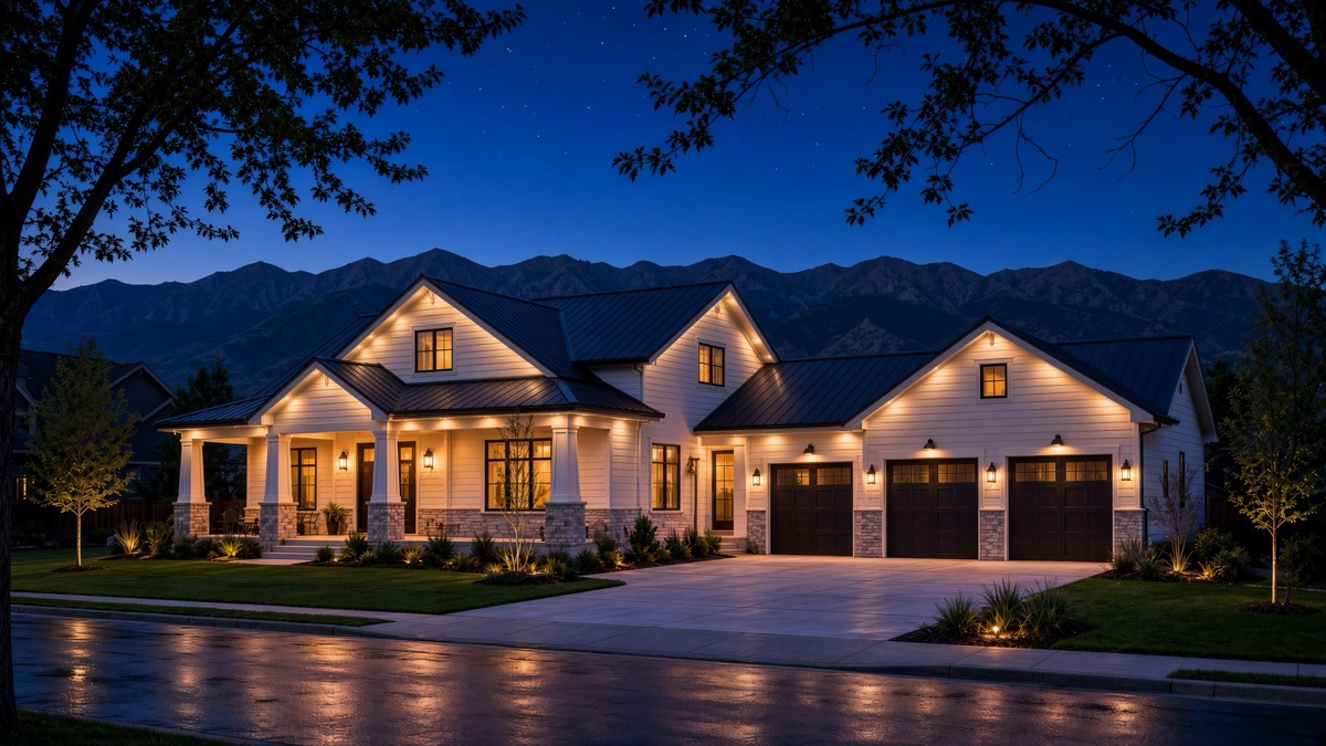 Single-story home lit in warm white on an ordinary evening